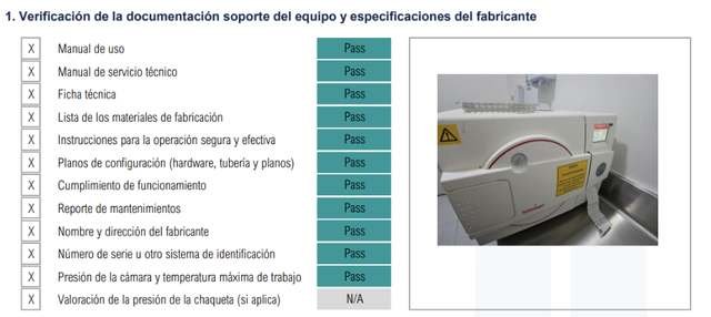 Extracto de un informe real de Quality: verificación de documentación y del área, con foto del autoclave calificado